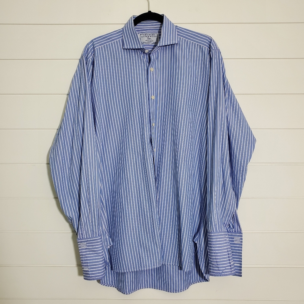 Charles Tyrwhitt Mens Classic Fit Shirt Blue Stripe French Sleeve. Size: 16/35‎